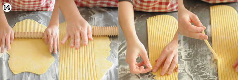 Tagliatelle mit dem Rillenholz schneiden