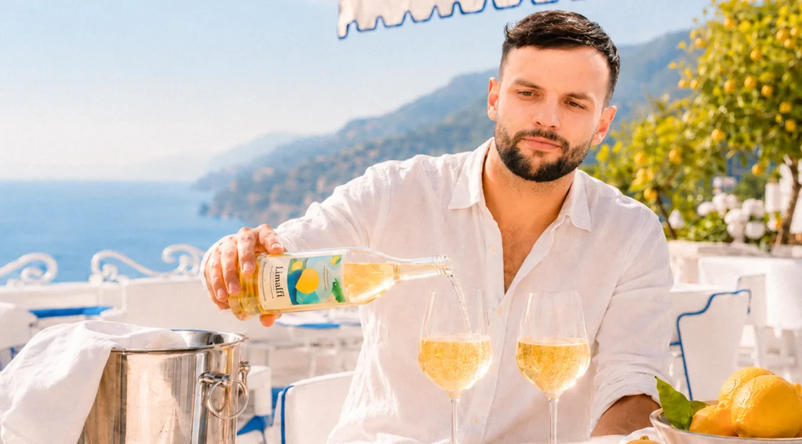 Franz schenkt auf einer sonnigen Restaurantterrasse an der Amalfiküste goldgelben Limalfi in zwei Gläser ein; daneben stehen Zitronen und ein Weinkühler.