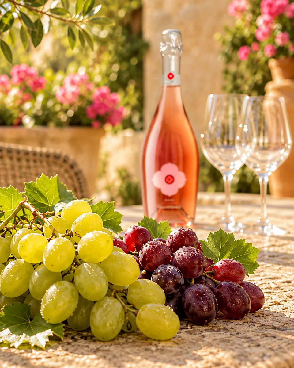 Grüne Glera- und dunkle Pinot-Nero-Trauben im Vordergrund, dahinter unscharf eine verschlossene Flasche Rechsteiner Prosecco Rosato und zwei leere Gläser im sommerlichen mediterranen Garten.
