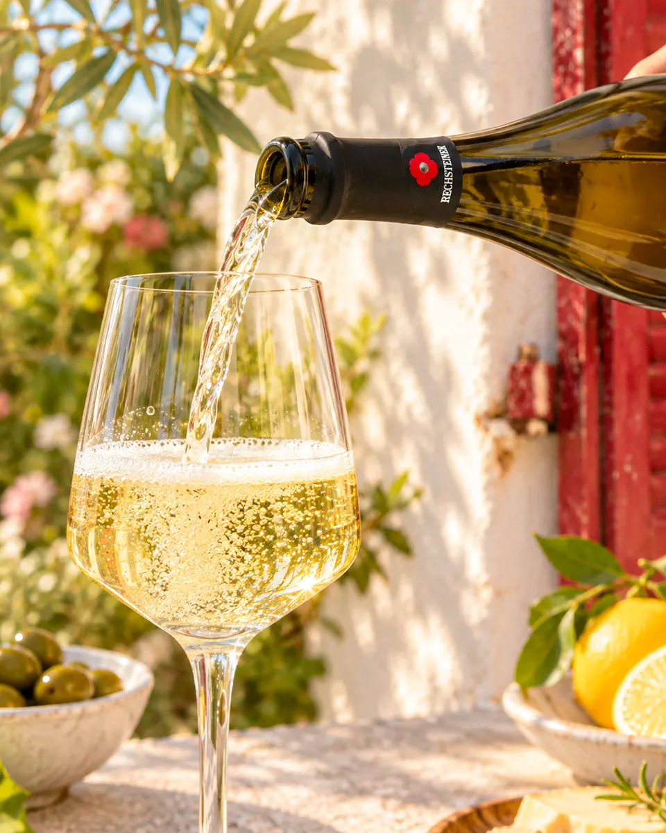Nahaufnahme beim Einschenken von Rechsteiner Prosecco Frizzante: Hellgelber Perlwein fließt aus der geöffneten Flasche in ein Glas mit aufsteigenden Bläschen.