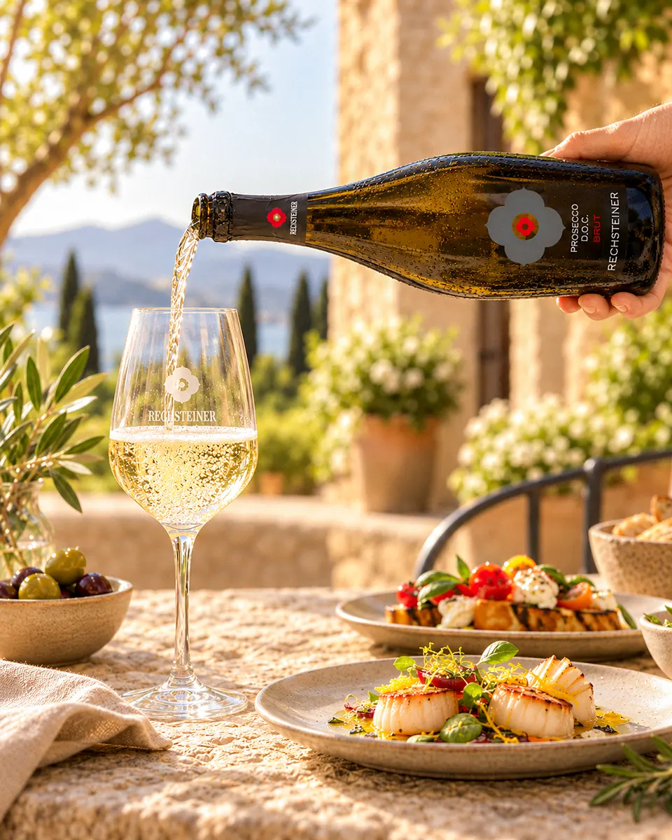 Rechsteiner Prosecco DOC Brut wird auf einer mediterranen Terrasse in ein Glas eingeschenkt, dazu stehen leichte Vorspeisen und Oliven auf dem steinernen Tisch.