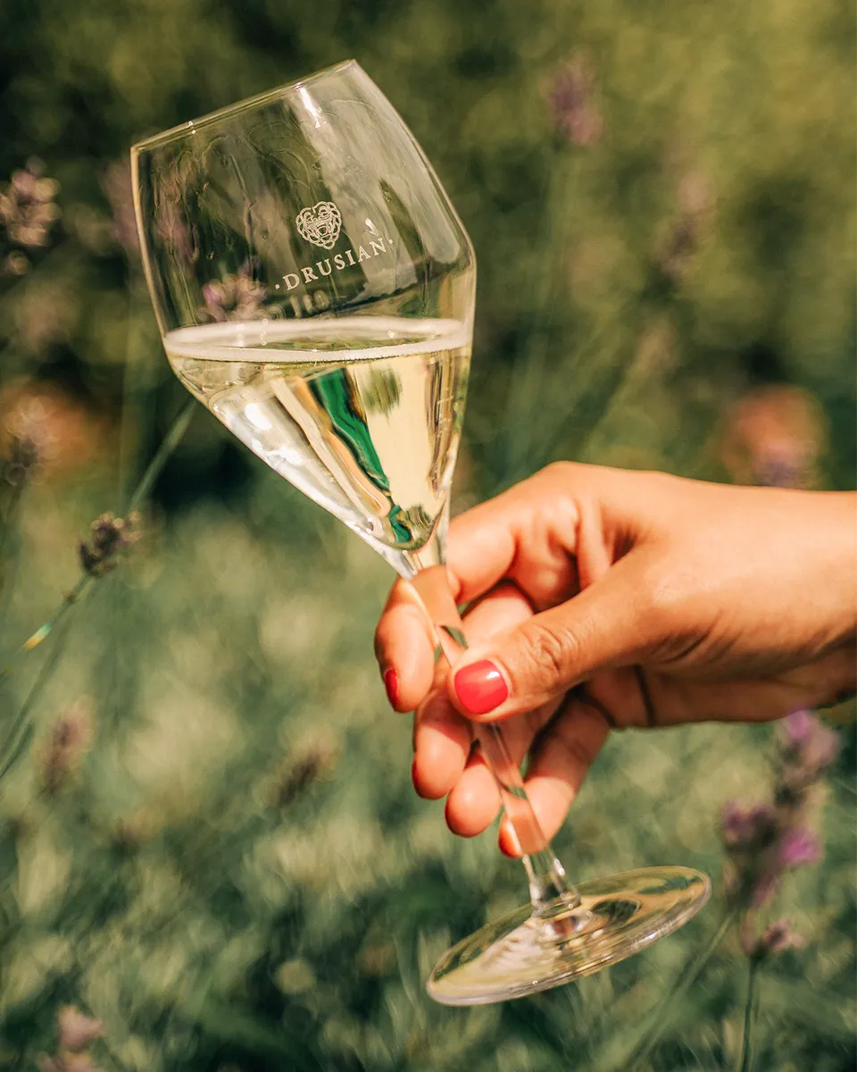 Ein Glas Drusian Prosecco in der Hand