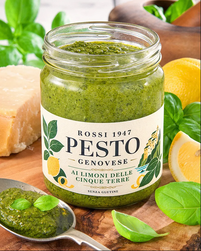 Geöffnetes Glas Rossi 1947 Pesto Genovese ai Limoni delle Cinque Terre auf einem Holzbrett, umgeben von frischem Basilikum, Zitrone, Parmesan und einem Löffel Pesto.