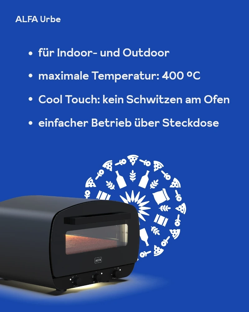 Urbe Alfa Forni – elektrischer Pizzaofen – mit passenden Accessoires arrangiert