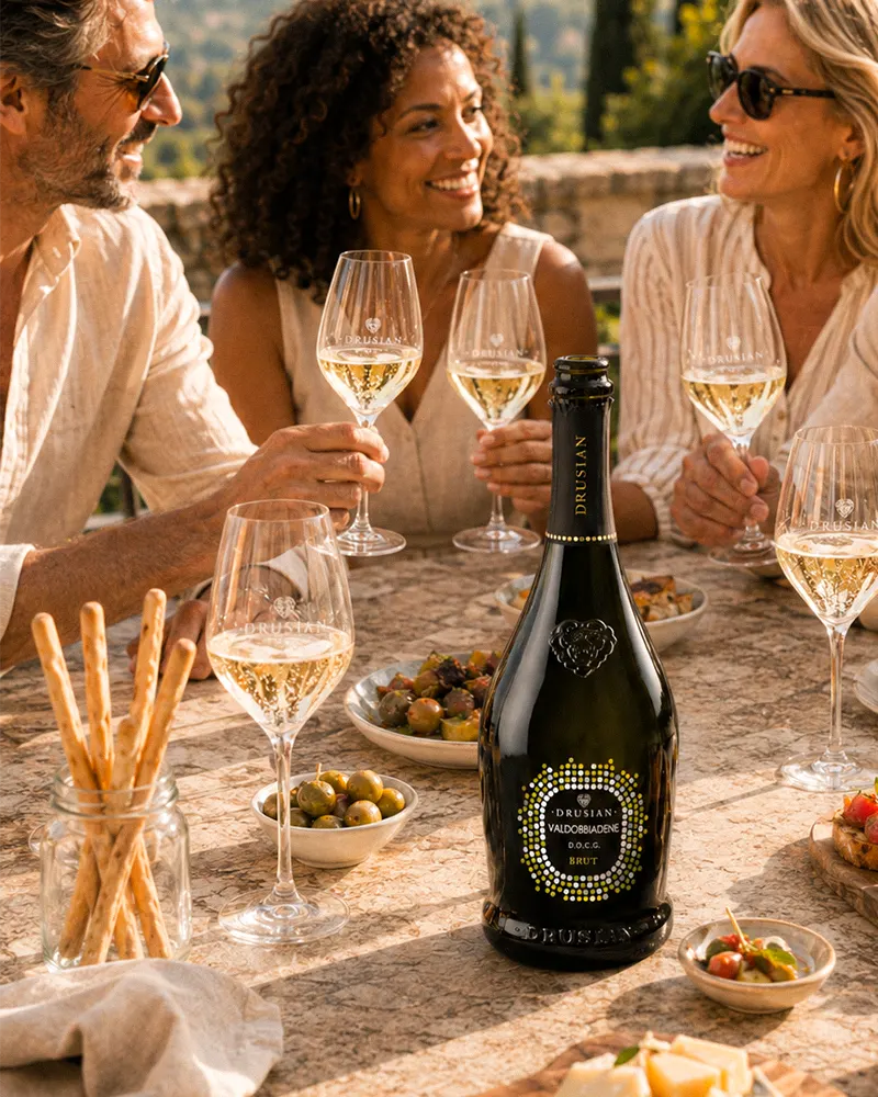 Gruppe von Freunden trinkt Prosecco superiore Valdobbiadene DOCG brut auf einer Sonnenterrasse