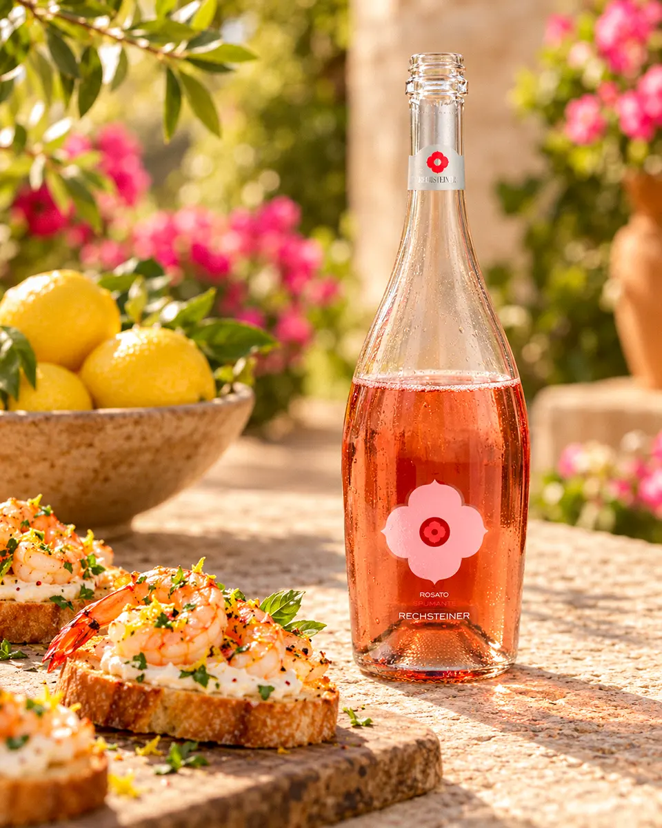Halbvolle, geöffnete Flasche Rechsteiner Prosecco Rosato neben Crostini mit Garnelen und einer Schale frischer Zitronen auf einem sonnigen Tisch im mediterranen Garten.