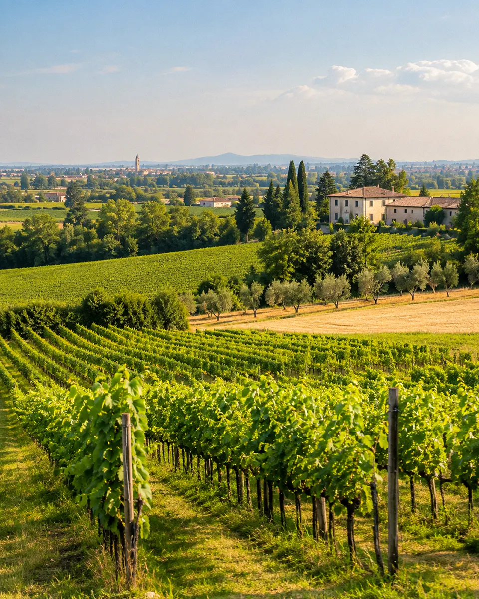 Weinlandschaft mit grünen Rebzeilen, Feldern und einem Landhaus, im Hintergrund ein Ort mit Kirchturm und sanfte Hügel.