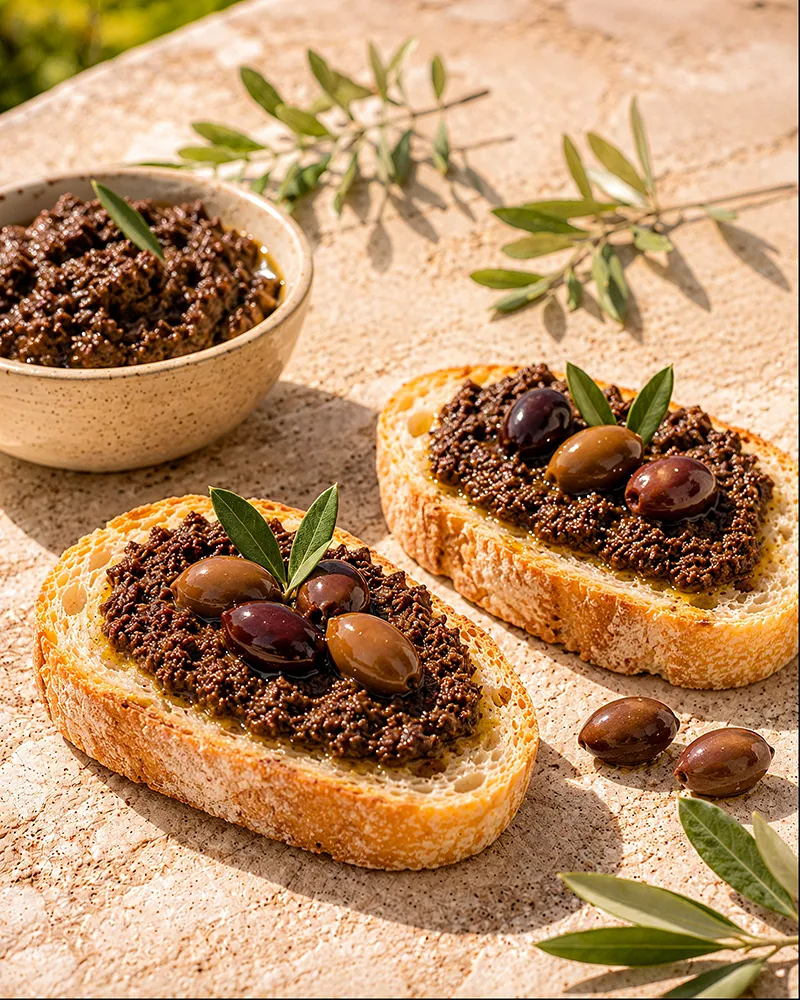 Zwei mit Taggiasca-Olivencreme bestrichene Ciabatta-Scheiben mit ganzen Taggiasca-Oliven, dazu eine Schale mit Paté und Olivenzweige in sonnigem mediterranem Ambiente.