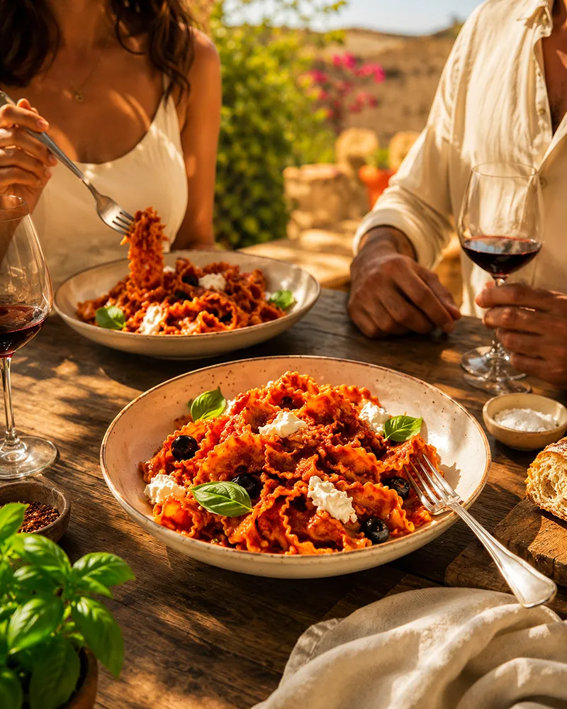 Pasta mit Nduja auf einer Terasse in Italien
